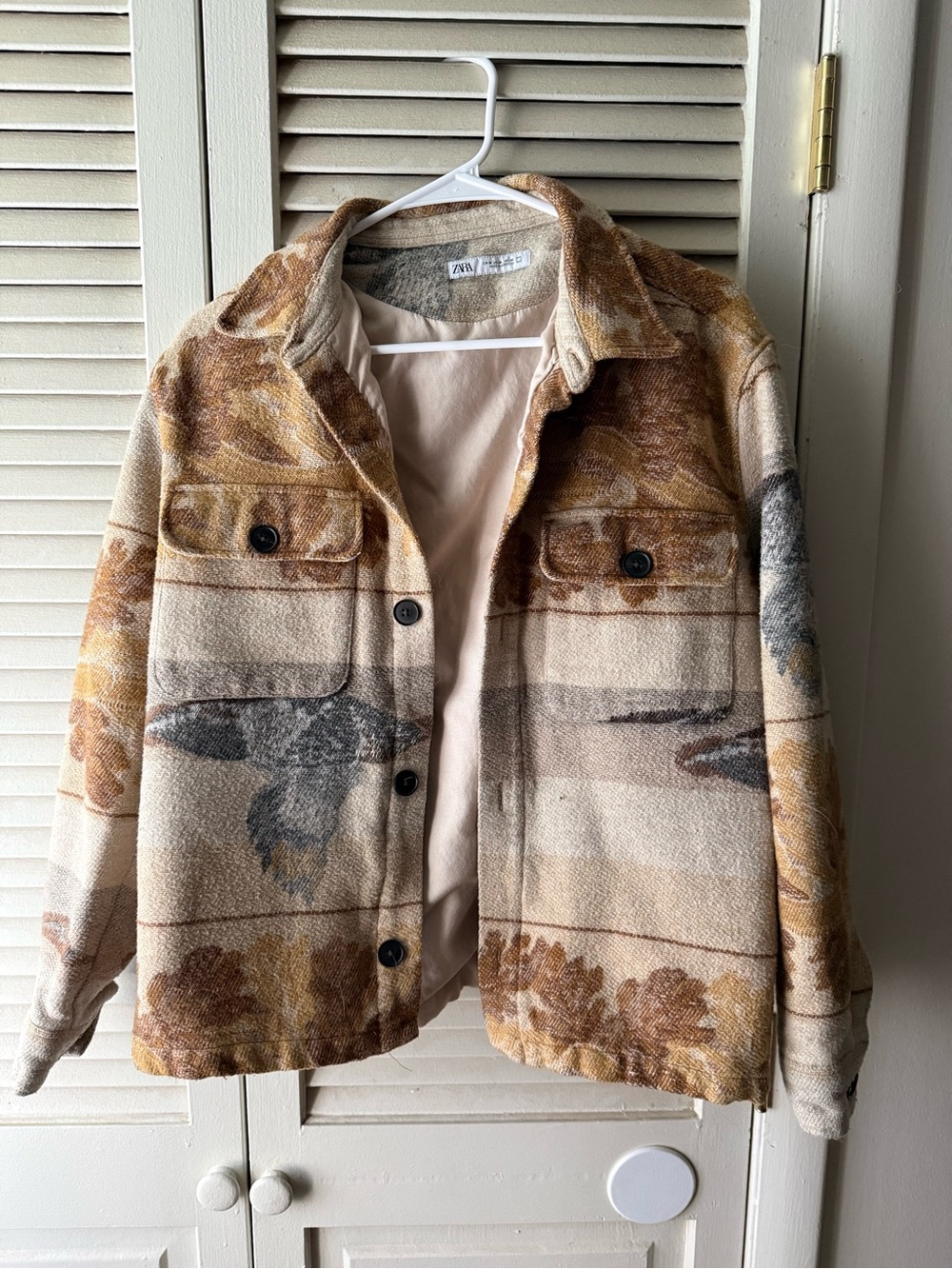 Zara Cream, Brown & Gray Printed Wool-Blend Shacket
